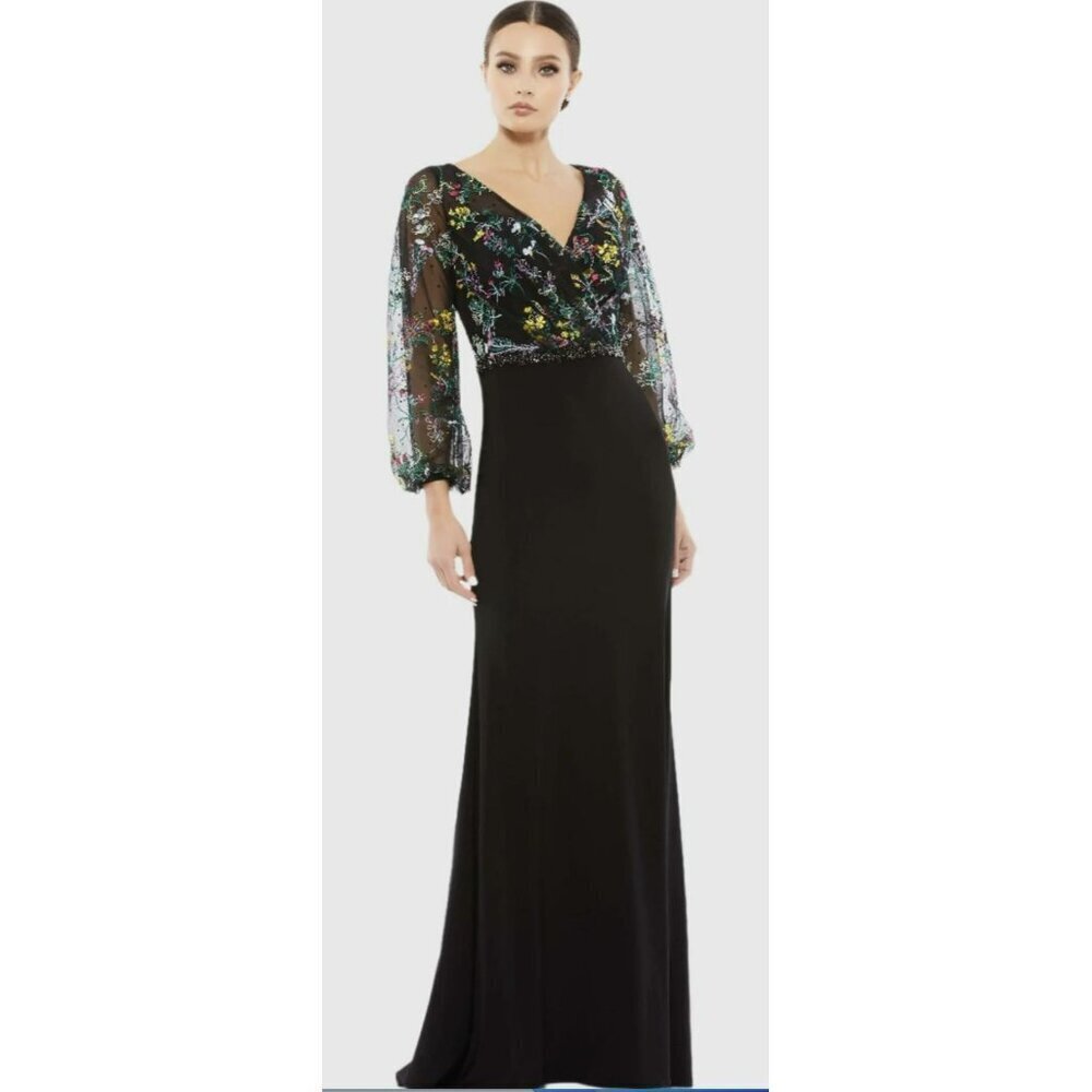 Mac Duggal $498 Embroidered Maxi Dress Puff Sleeve Gown Sz 14 NWT